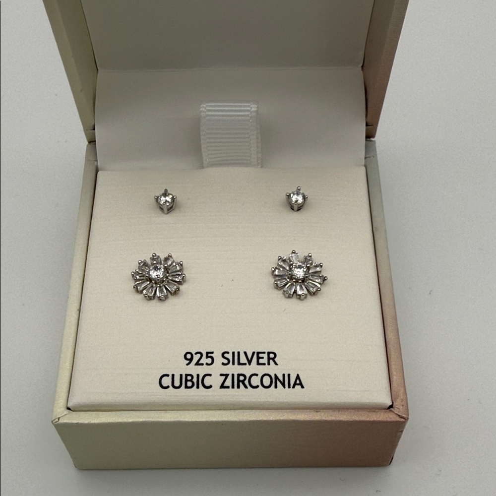 Rachel Ashwell 925 Silver Cubic Zirconia Flower Stud Earrings Gift Set